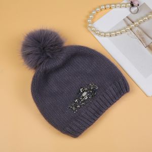 Crystals Flowers Pompom Hat in Dark Grey SD116