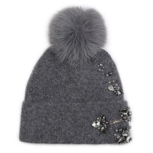 Elegant Pompom Hat with Sparkling Jewels in Grey SD114