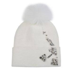 Elegant Pompom Hat with Sparkling Jewels in Cream SD114