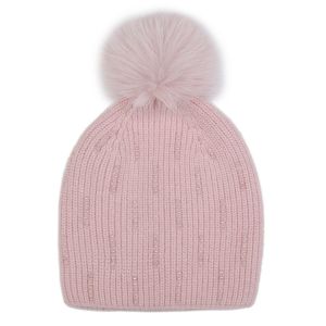 Pearls Details Knit Pompom Hat in Dusty Pink SD112