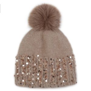 Glam Glitter Cuff Winter Pompom Hat in Taupe SD110