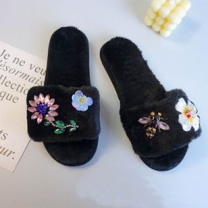 1949 crystal flowers and bee embellished slippers in Black