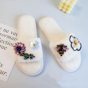 1949 crystal flowers and bee embellished slippers in Cream