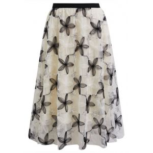 3D Flower Applique Mesh Midi Skirt with Sequins