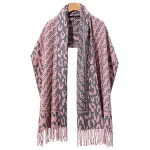 WS002 Chains and leopard print wool scarf in Baby Pink/Grey