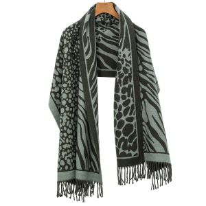 WS001 Leopard print wool scarf in Light Green/Cream
