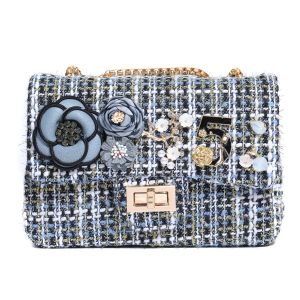 CH3144 Jewelled tweed handbag with No 5 detail in Navy