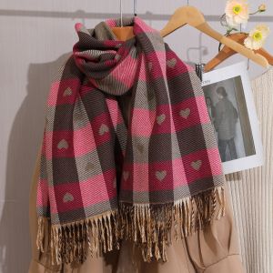WS019 love heart pattern two tone wool scarf in Fuchsia
