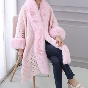 PE364 hand knit chunky crochet cape in Baby Pink