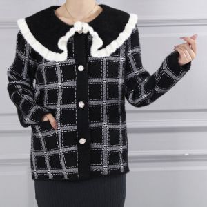 Fuzzy Plaid Cardigan with Ruffle Collar