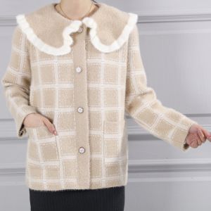 Fuzzy Plaid Cardigan with Ruffle Collar