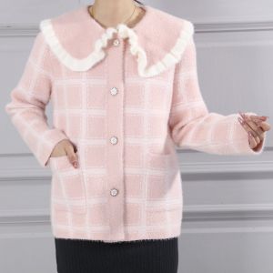 Fuzzy Plaid Cardigan with Ruffle Collar