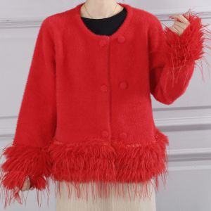 Feather-Trim Cropped Double Row Buttons Cardigan