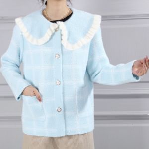 Fuzzy Plaid Cardigan with Ruffle Collar