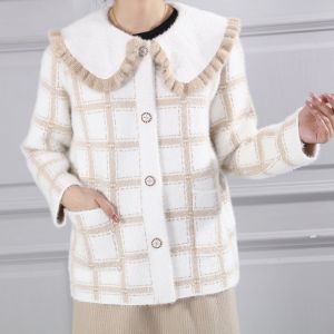 Fuzzy Plaid Cardigan with Ruffle Collar