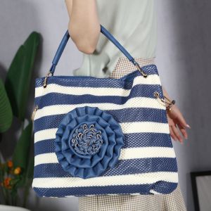 Large Striped Bag with 3D Floral Detail