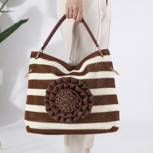 Large Striped Bag with 3D Floral Detail