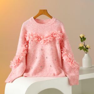 Pink Dreamy Sweater with Floral Trim and Crystals