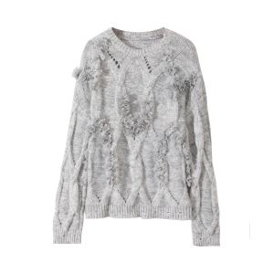 Chic Floral Embroidered V-Neck Sweater in Grey SK158