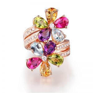 RIN010 Multicoloured crystals flowers adjustable ring
