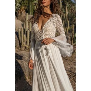 White Bell Sleeve V-Neck Beach Cover Up Maxi Dress