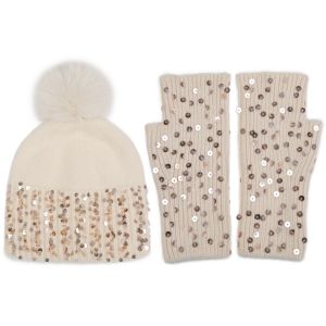Glam Glitter Winter Pompom Hat and Gloves Set in Beige SD110-1