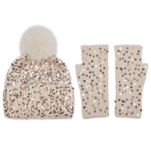 Sequin Balaclava Pompom Hat and Gloves Set in Beige SD117-1