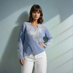 Elegant Periwinkle Knit Sweater with Floral Lace