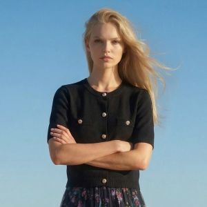 Short Sleeve Knit Top with Gold Button Accents