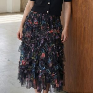 Floral Tiered Tulle Maxi Skirt with Pearl Trim