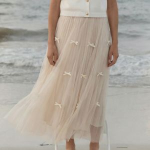 Cream Tulle Midi Skirt with Bows