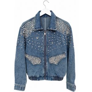 Crystal Embellished Denim Jacket with Zip