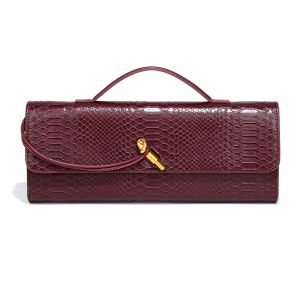 Woven Clutch with Gold Hardware in Burgundy Snake Print B1893