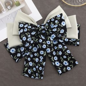 SS73 Graceful two layer large bow clip hair in Black/Navy Daisy