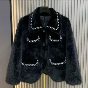 Luxurious Black Faux Fur Pearlies Embellished Jacket DH17