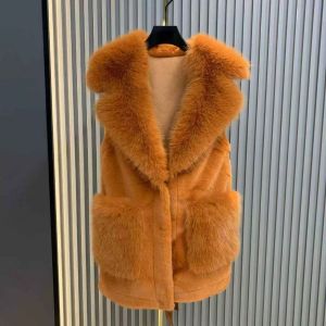 Faux Fur Collar & Pocket Vest in Orange DH09