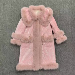 Faux Fur & Sequin Longline Coat in Pink DH14