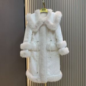 Faux Fur & Sequin Longline Coat in Cream DH14