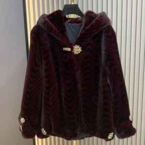 Faux Fur Hooded Coat with Crystal Brooches in Burgundy DH24