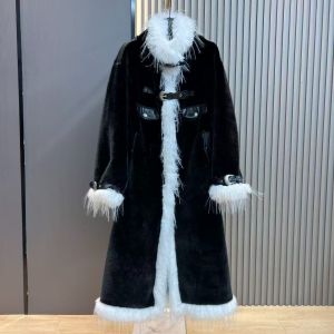 Chic Black & White Faux Fur Trim Long Coat DH31