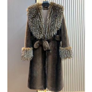 Luxurious Longline Faux Fur Coat with Belt in Brown DH28