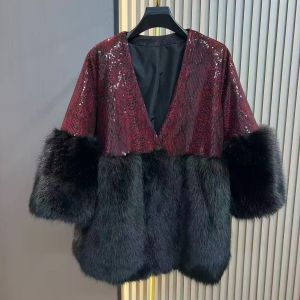 Sequin Jacket with Faux Fur Trim in Red DH26