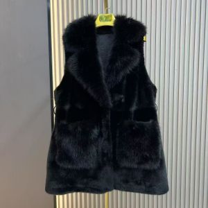 Faux Fur Collar & Pocket Vest in Black DH09