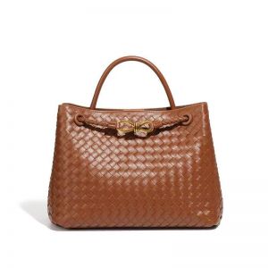 Woven Tote Bag with Gold-Tone Knot Clasp in Brown B1783