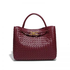 Woven Tote Bag with Gold-Tone Knot Clasp in Burgundy B1783