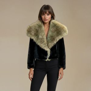 Large Collar Plush Faux Fur Coat in Black DH29
