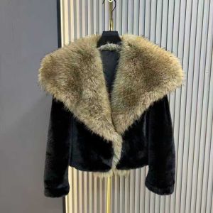 Large Collar Plush Faux Fur Coat in Black DH29
