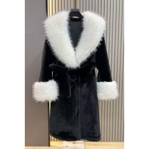 Black Faux Fur Coat with White Oversized Collar