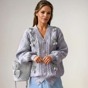 Cable Knit Cardigan with Crochet Cherry Detail