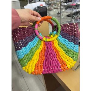Small Rainbow Raffia Handbag with Circular Handles